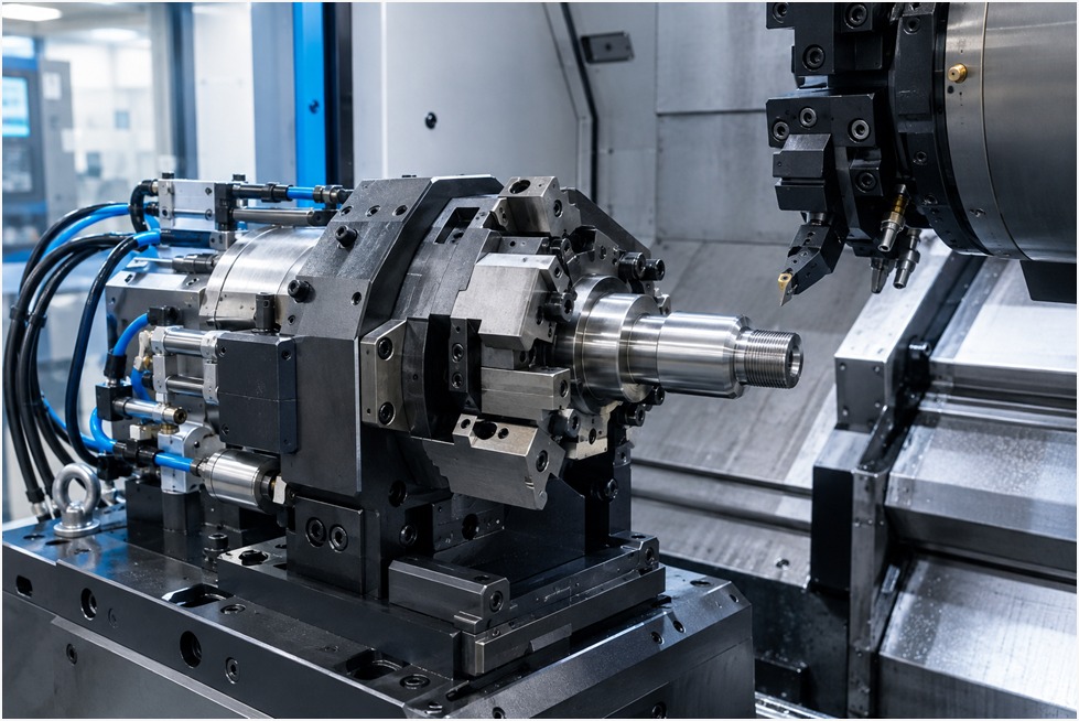 Automated turning fixture with hydraulic and pneumatic clamping on a CNC lathe