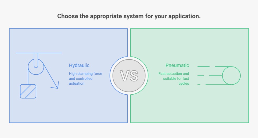 Hydraulic vs pneumatic: high clamping force and controlled actuation versus fast actuation for fast cycles