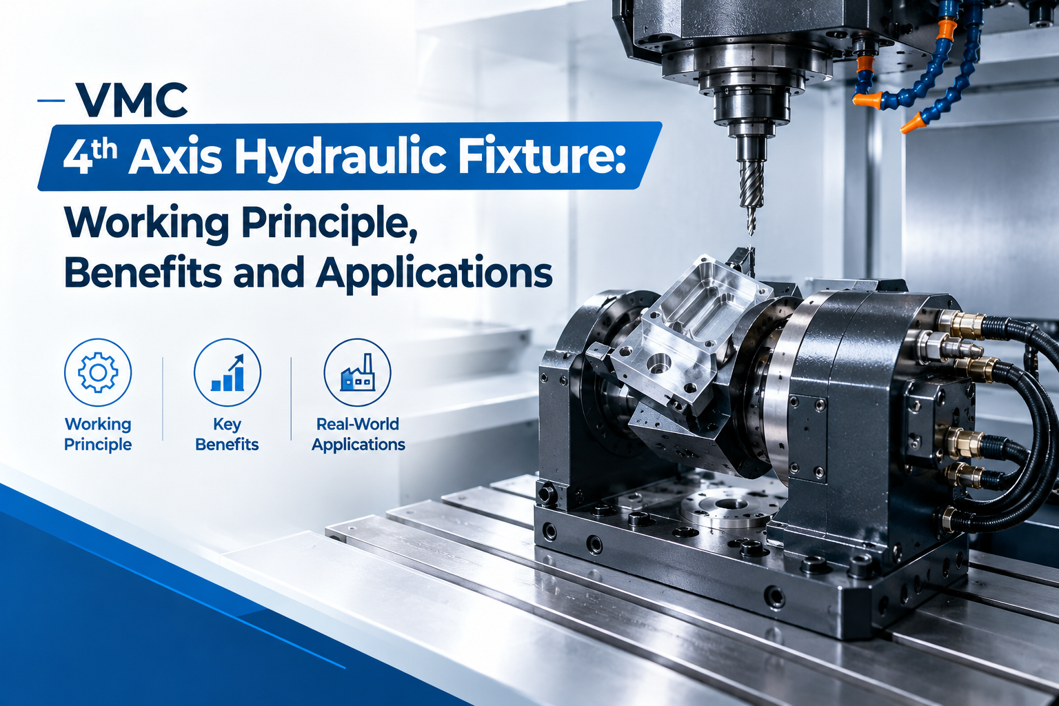 VMC 4th axis hydraulic fixture holding a machined part on a rotary axis under a vertical machining centre spindle